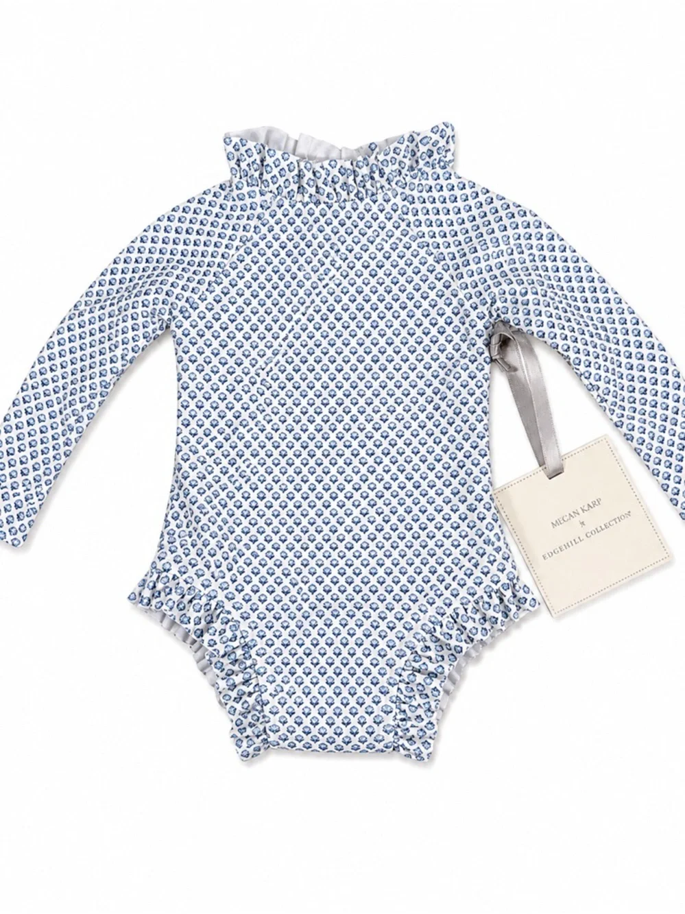 Long-Sleeve Ruffle Neck One-Piece Swimsuit in Blue Print - Baby Swimsuit NWT